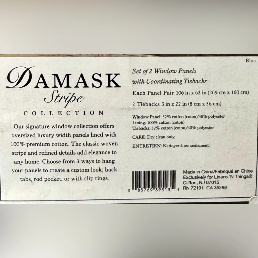 Damask Luxury Stripe Window Panels - Set of 2 with Tiebacks
